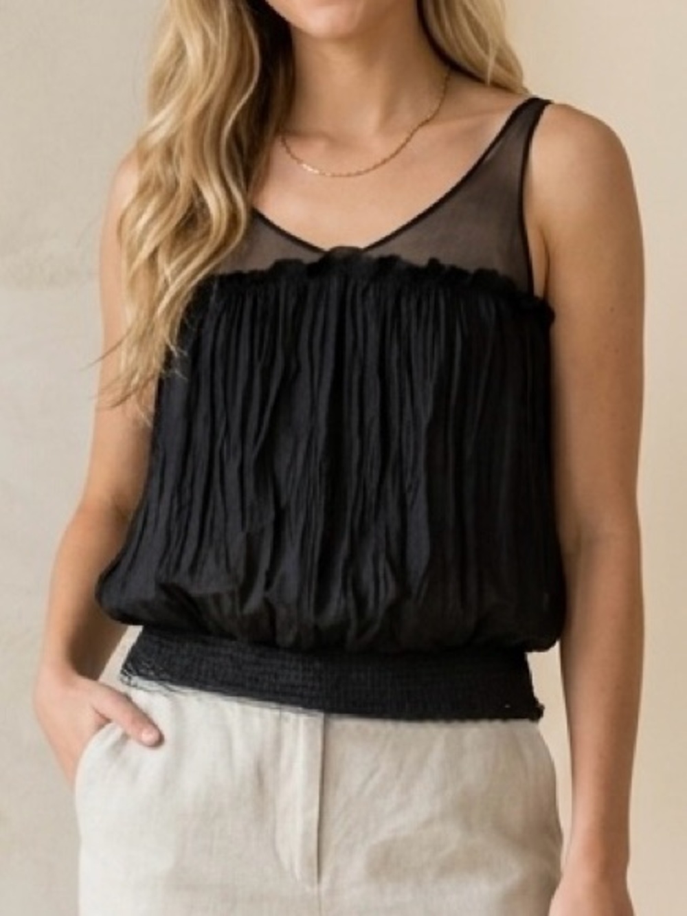 Mystree Black Silk Sheer Ruffle-Trim Smocked Waist Blouson Cropped Tank Top Sz S